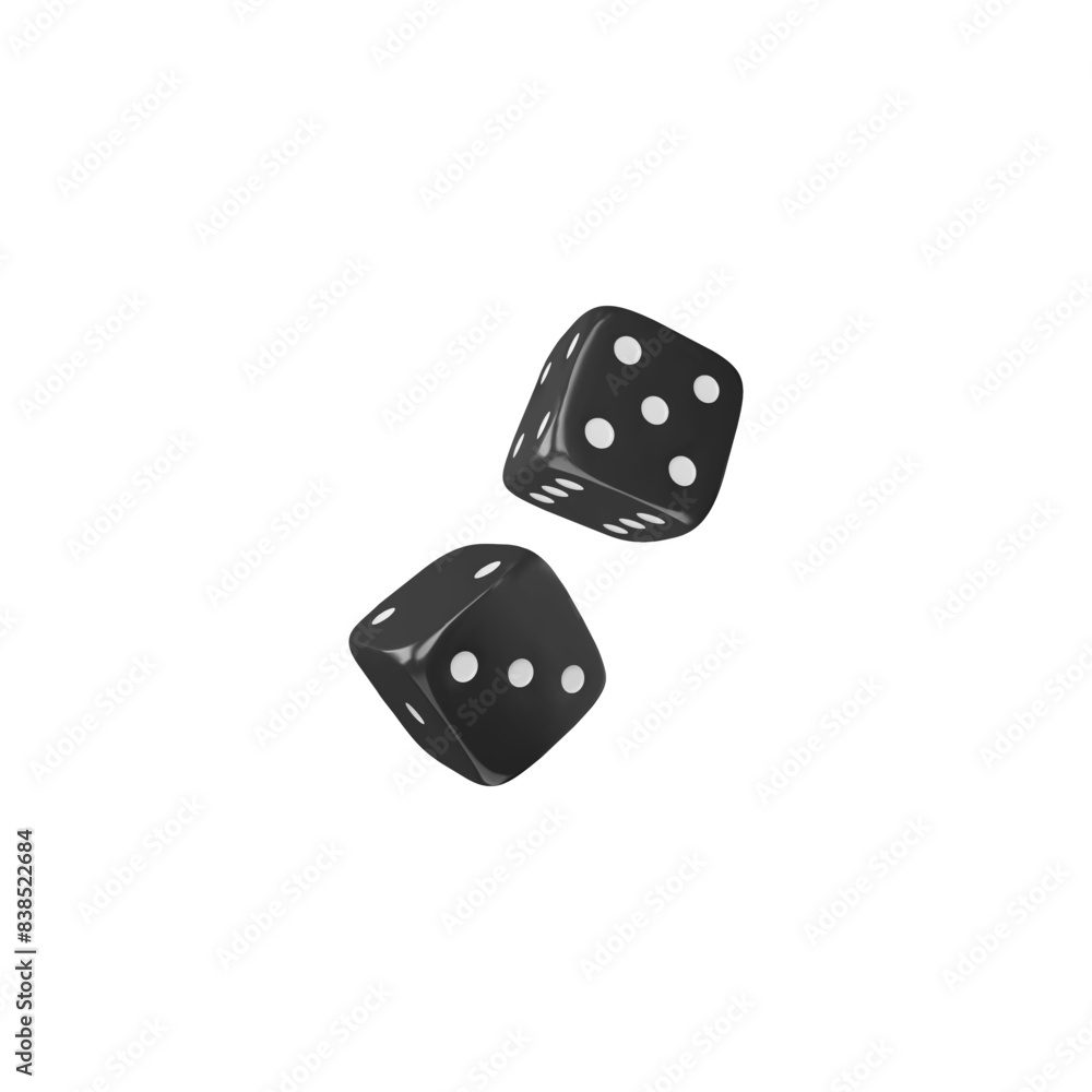 Two game dice falling realistic 3d vector icon, black cubes with white dots, gambling games casino, craps and board game Two game dice falling realistic 3d vector icon, black cubes with white dots, gambling games casino, craps and board game