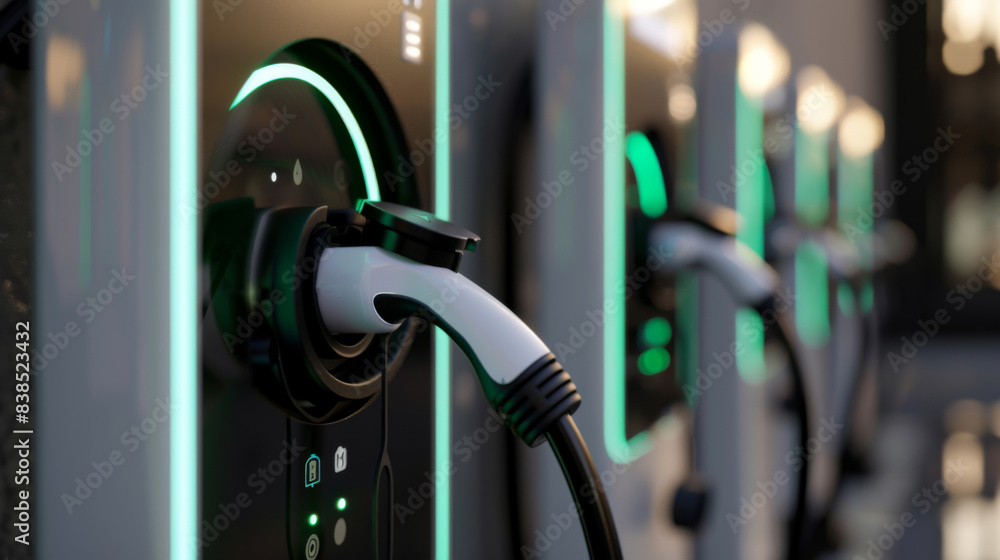 Close-up of a modern charging station for electric cars. Technological ecological charging for technological cars. Technology concept. Close-up of a modern charging station for electric cars. Technological ecological charging for technological cars. Technology concept.