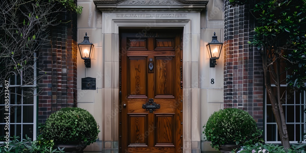 wooden door with two planters on either side of it