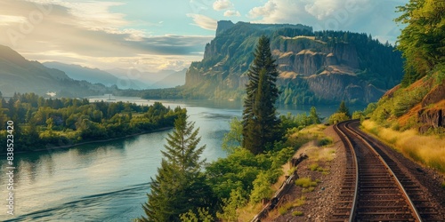 Minimalistic composition: Scenic summer landscape with a winding mountain railroad trail going along the Columbia River bank in Columbia Gorge area allowing transporting commercial cargo with minima photo