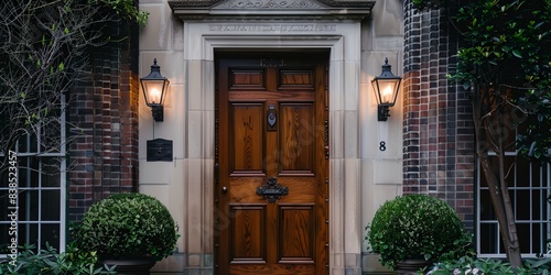 wooden door with two planters on either side of it photo