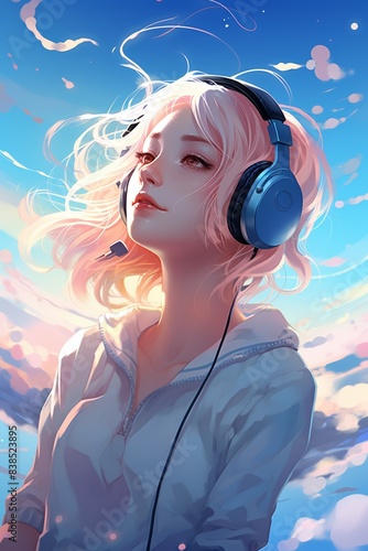 Beautiful anime girl listening to music, headphones on, dreamy background, soft colors © Xyeppup