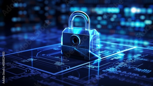 Close-up of a digital padlock on a virtual interface, tech security concept, blue light