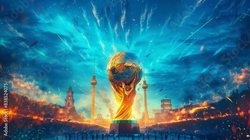 Create a breathtaking visual for the European Soccer Championship set against a stunning, abstract blue background. Infuse the scene with dynamic summer football patterns and seamlessly blend in 