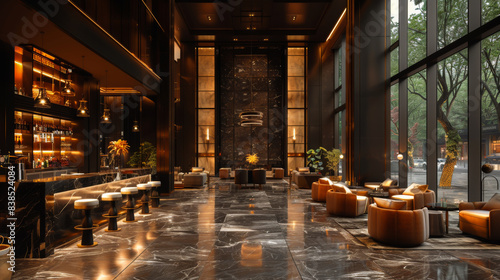 Stylish and luxurious design of the hotel lobby and reception. Modern interior of the hall with reception, black marble, brown furniture with a glass facade.