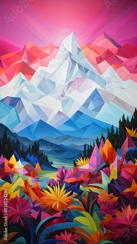 Colorful geometric mountain, sharp angles, bold palette, serene environment