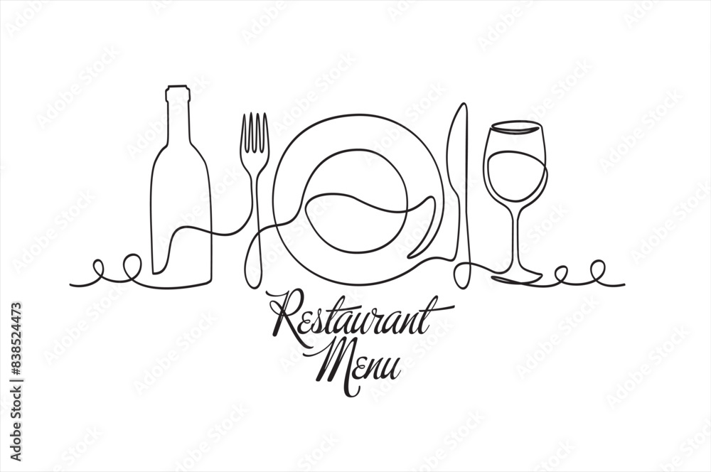 Continuous one single line drawing of plate, fork, knife, bottle of wine and glass. Restaurant menu. Menu food design. Vector illustration. Continuous one single line drawing of plate, fork, knife, bottle of wine and glass. Restaurant menu. Menu food design. Vector illustration.