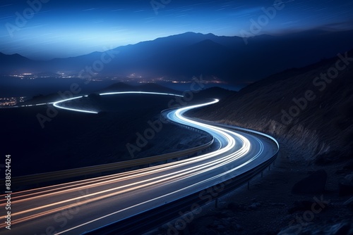 Curved highway under starry sky, long exposure, car lights blur into ribbons, ground level, tranquil mood.