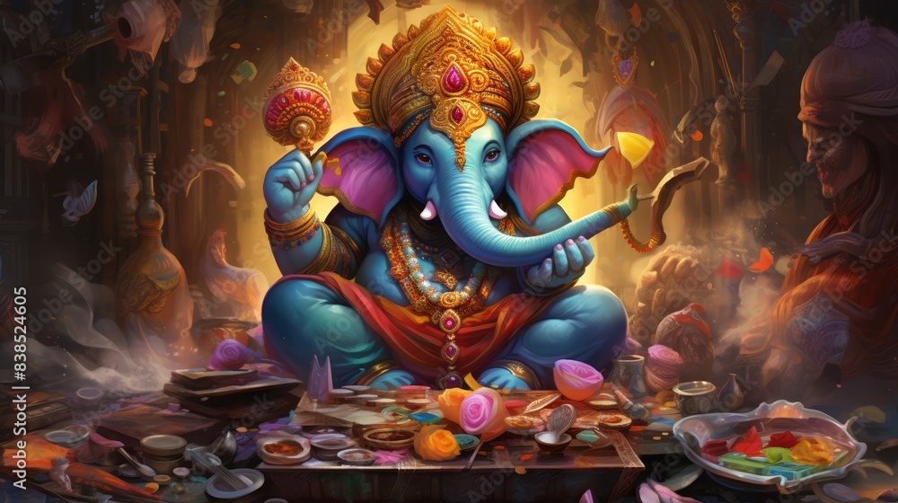 Digital artist enhancing a Ganesha illustration, colorful display, high detail Digital artist enhancing a Ganesha illustration, colorful display, high detail