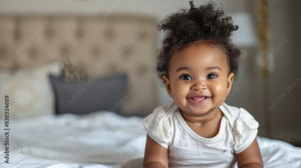 Portrait of a little happy African American woman lying on the bed. A smiling child looks at the camera and has fun on a snow-white bed. Childhood concept. Portrait of a little happy African American woman lying on the bed. A smiling child looks at the camera and has fun on a snow-white bed. Childhood concept.
