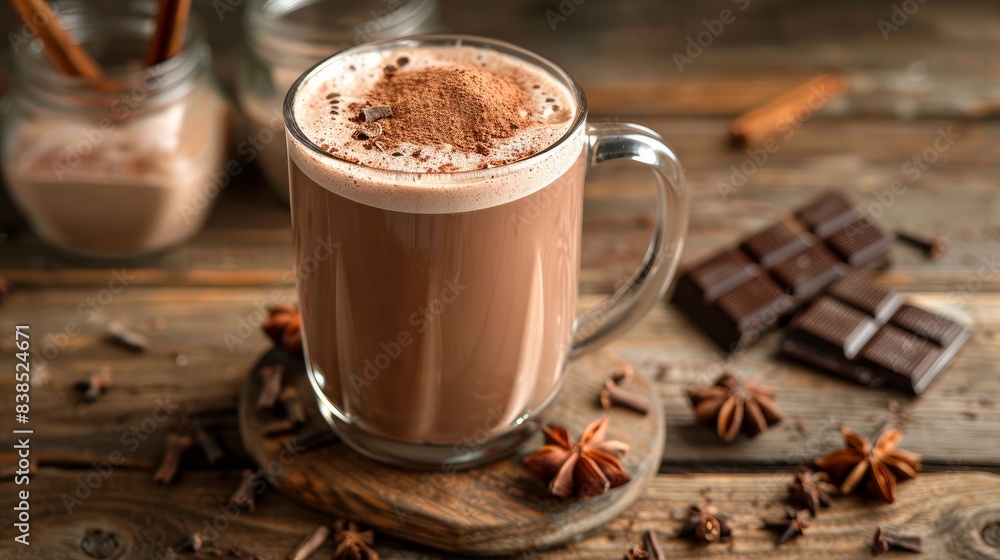 A delicious glass mug filled with natural cocoa drink A delicious glass mug filled with natural cocoa drink