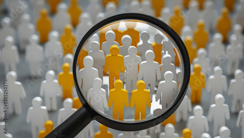 Yellow human icon in magnifier among white icons, symbolizing customer focus and CRM concepts for effective relationship management