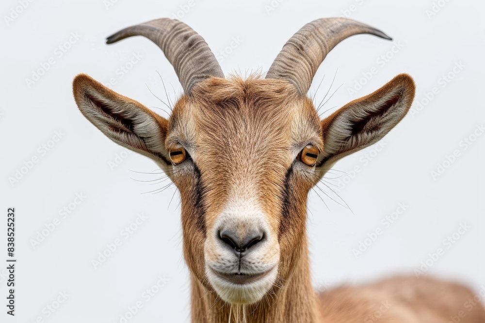 Mystic portrait of Alpine Goat, copy space on right side, Anger, Menacing, Headshot, Close-up View Isolated on white background Mystic portrait of Alpine Goat, copy space on right side, Anger, Menacing, Headshot, Close-up View Isolated on white background