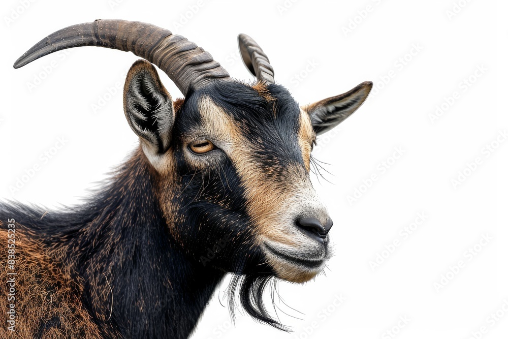 Mystic portrait of Alpine Goat, copy space on right side, Anger, Menacing, Headshot, Close-up View Isolated on white background Mystic portrait of Alpine Goat, copy space on right side, Anger, Menacing, Headshot, Close-up View Isolated on white background