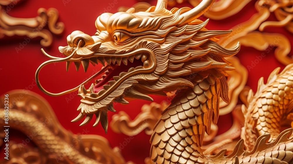 Golden Chinese dragon on red background, close-up, vibrant and glossy Golden Chinese dragon on red background, close-up, vibrant and glossy