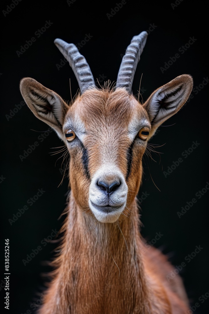 Mystic portrait of Alpine Goat, copy space on right side, Anger, Menacing, Headshot, Close-up View isolated on black background Mystic portrait of Alpine Goat, copy space on right side, Anger, Menacing, Headshot, Close-up View isolated on black background