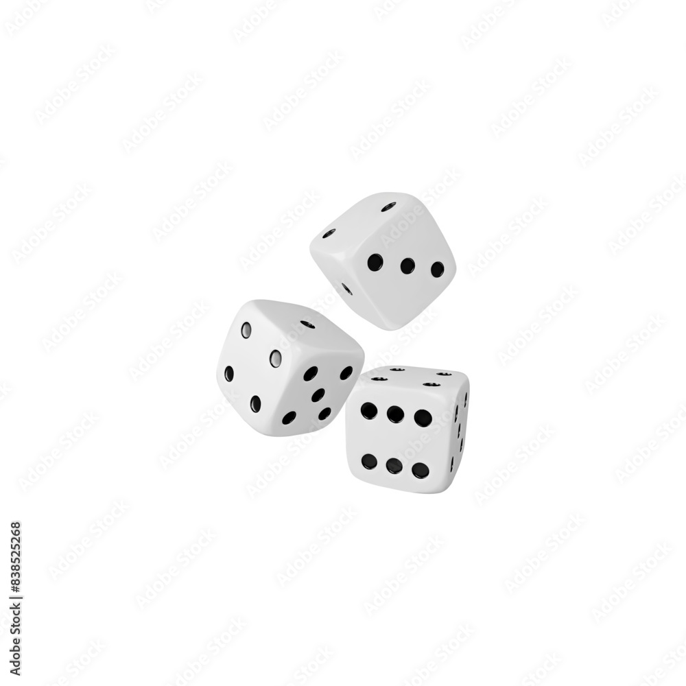 Three game dice falling realistic 3d vector icon, white cubes with black dots, gambling games casino, craps board game Three game dice falling realistic 3d vector icon, white cubes with black dots, gambling games casino, craps board game