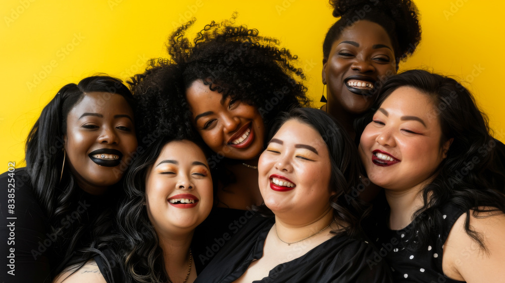 Portrait of multiethnic plus size women having fun on yellow background. A group of girlfriends in stylish clothes are smiling and posing outdoors. Lifestyle. Portrait of multiethnic plus size women having fun on yellow background. A group of girlfriends in stylish clothes are smiling and posing outdoors. Lifestyle.
