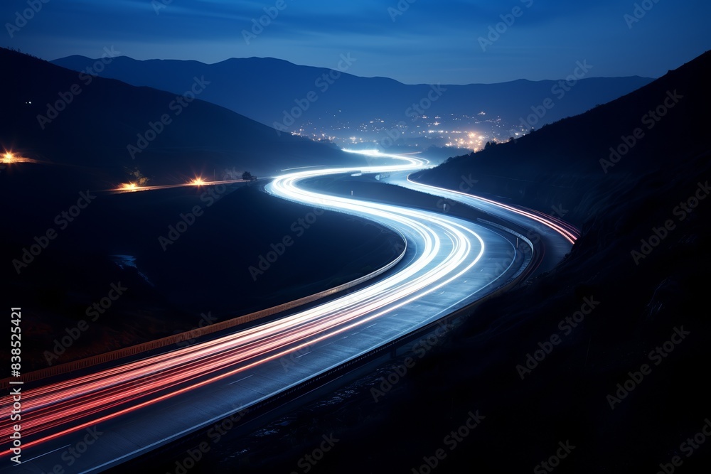 Highway at night, long exposure capturing light trails, serene, aerial view, cool blue tones, soft lighting. Highway at night, long exposure capturing light trails, serene, aerial view, cool blue tones, soft lighting.