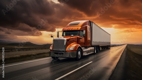 Lone truck on empty highway, wide angle, dusk, serene landscape © Xyeppup