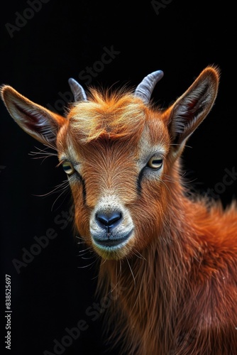 Mystic portrait of Pygmy Goat, copy space on right side, Anger, Menacing, Headshot, Close-up View isolated on black background © Tebha Workspace