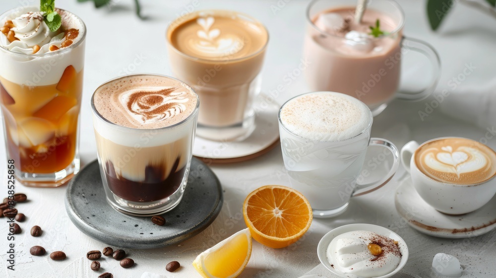 A tasteful arrangement of beverages including latte A tasteful arrangement of beverages including latte