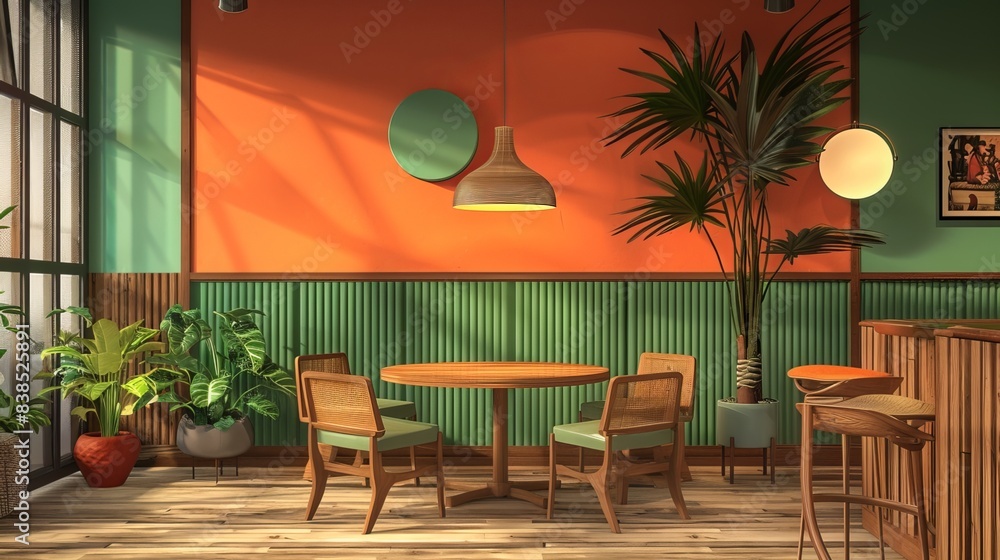 3D rendering of an interior design featuring a wooden round table and chairs in a modern dining room with green and orange walls. This design could be suitable for a cafe, bar, or restaurant. 3D rendering of an interior design featuring a wooden round table and chairs in a modern dining room with green and orange walls. This design could be suitable for a cafe, bar, or restaurant.