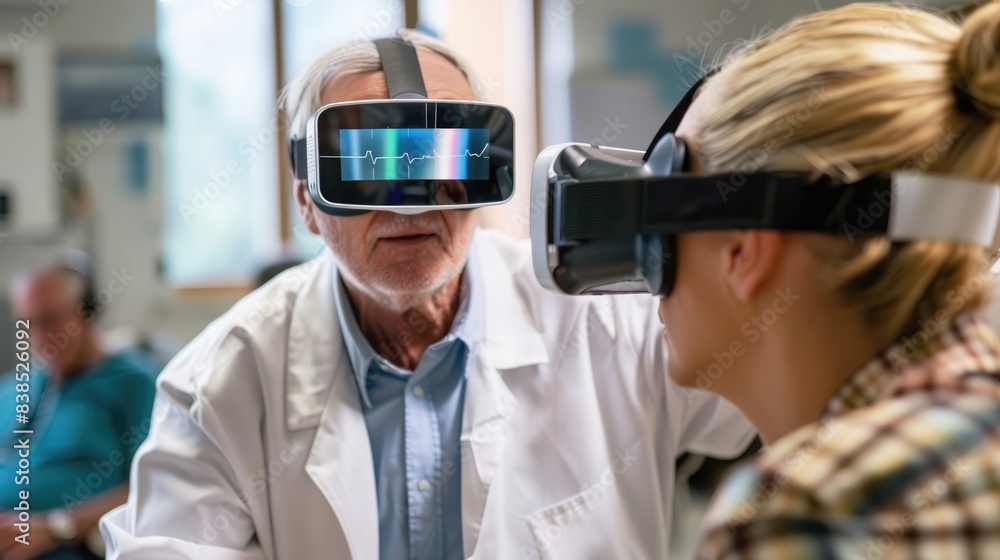 Advanced diagnostics, Doctor uses augmented reality glasses while examining a patient in modern healthcare. AI in Healthcare Innovations Advanced diagnostics, Doctor uses augmented reality glasses while examining a patient in modern healthcare. AI in Healthcare Innovations
