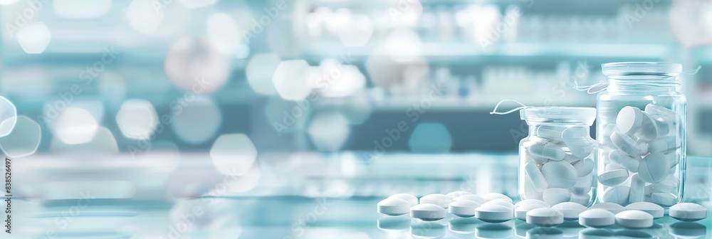 glass jar filled with white pills on a table next to a shelf of bottles glass jar filled with white pills on a table next to a shelf of bottles