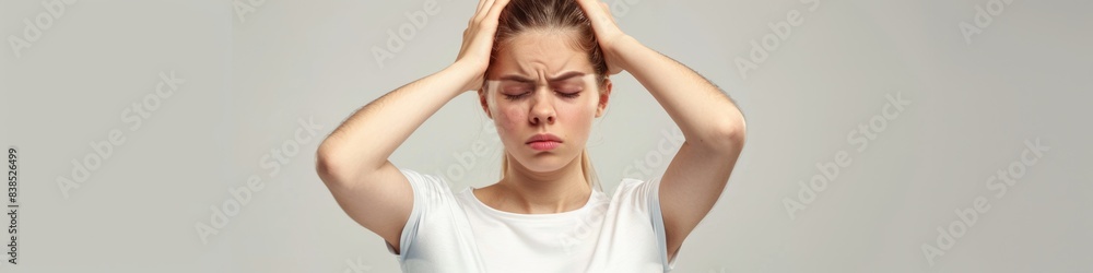 Girl Headache. Beautiful Caucasian Woman in White T-Shirt Expressing Health Emotion on Grey Background Girl Headache. Beautiful Caucasian Woman in White T-Shirt Expressing Health Emotion on Grey Background