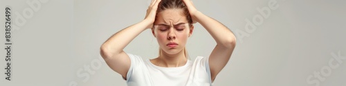 Wallpaper Mural Girl Headache. Beautiful Caucasian Woman in White T-Shirt Expressing Health Emotion on Grey Background Torontodigital.ca