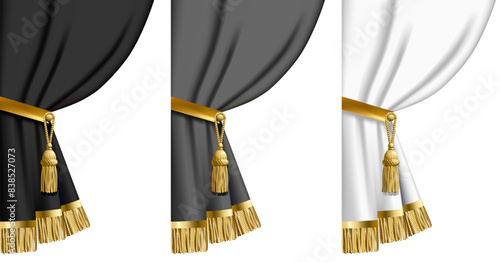 A set of details of a classic curtain in black, white and gray colors with gold decorations in 3d style isolated on white. Vector illustration