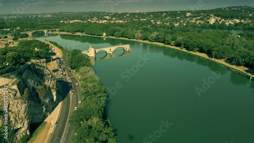 Aerial view of famous broken Saint Benezet bridge over the Rhone River in Avignon, France photo