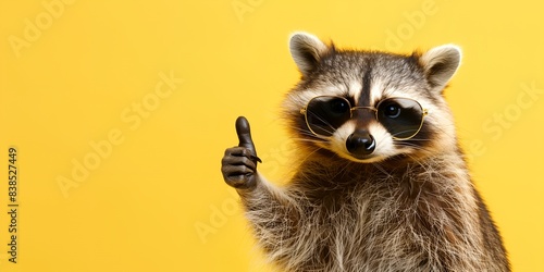 a raccoon wearing sunglasses and holding thumb up gesture with a yellow background