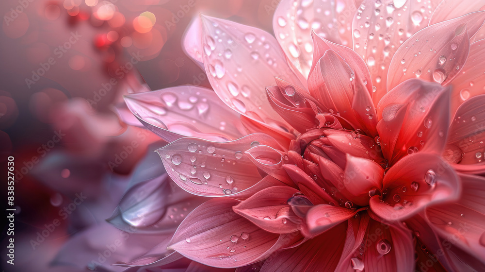 Fototapeta premium Close-up blooming pink flowers with transparent crystal petals and fresh dew feel the loyalty and purity of love