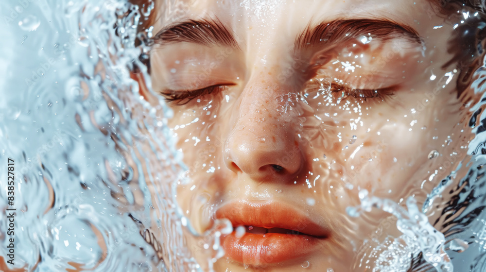 Aesthetic young woman face with closed eyes and splashing water, moisturizing concept, beauty advertising. Generative AI Aesthetic young woman face with closed eyes and splashing water, moisturizing concept, beauty advertising. Generative AI