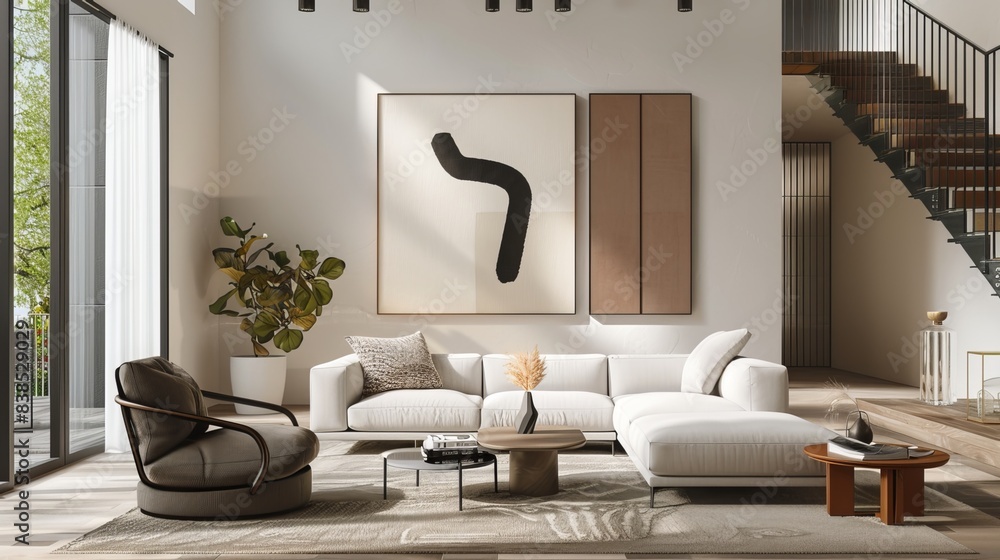 Obraz premium Frame mockup for ISO A paper size, showcasing a living room wall poster mockup. The interior features a house background and modern design elements. 3D render. 