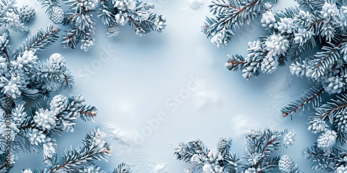 blue background with snow and pine branches