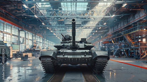 Tank stands in a modern assembly hall. Concept of the military industry.