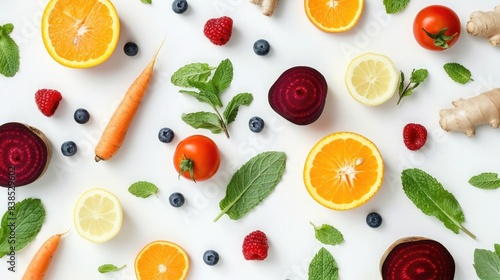 The knolling of vegetables and fruit  including carrots  beets  tomatoes  mint leaves  and ginger. Fruits such as oranges  lemons  blueberries  and red berries on a white background. Flat lay