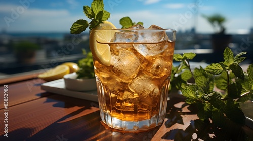 Wallpaper Mural Iced tea, condensation, lemon slice, and mint leaf on light blue background Torontodigital.ca