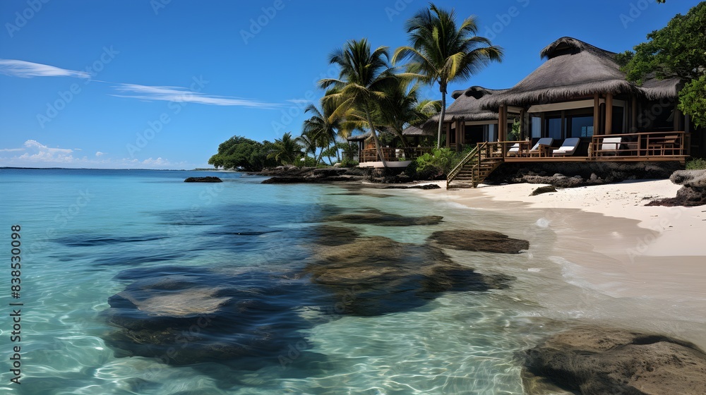 Obraz premium Island getaways, white sandy beaches, crystal clear waters, and palm trees swaying in the breeze 