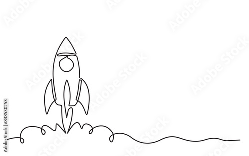 Hand drawn one line vector.One continuous line drawing of simple retro spacecraft flying up to the outer space nebula. Rocket space ship launch into universe concept. 