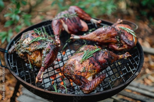 Grilling Turkey. Spatchcock Turkey with Grilled Legs, Thanksgiving Poultry Meat on the BBQ photo