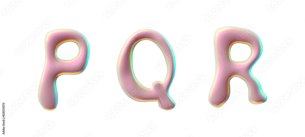3D glossy plastic pink capital letters P Q R, liquid holo surface, vector Y2K font volume spilled polish, flux bubble 3D glossy plastic pink capital letters P Q R, liquid holo surface, vector Y2K font volume spilled polish, flux bubble