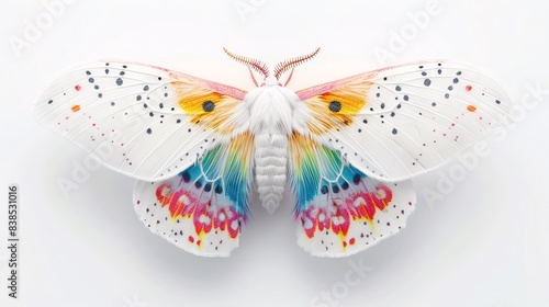 White Ermine Moth with bright rainbow spots on its spread wings, embodying LGBTQIA pride and purity photo