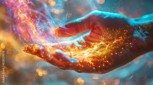 A person's hand is glowing with light and sparks, AI
