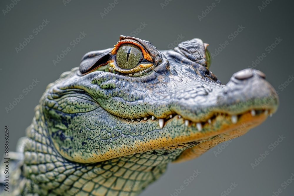 Fototapeta premium Mystic portrait of Gharial studio, copy space on right side, Anger, Menacing, Headshot, Close-up View Isolated on black background
