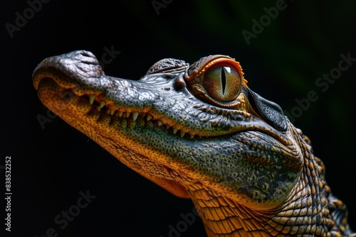 Mystic portrait of Gharial studio  copy space on right side  Anger  Menacing  Headshot  Close-up View Isolated on black background