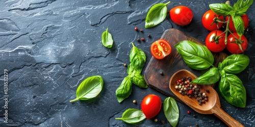 Italian Menu Background. Wooden Spoon with Fresh Organic Vegetables on Old Rustic Surface photo